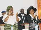 AKS First Lady Her Excellency Mrs. Unoma Akpabio (l) jubilates with newly sworn in Deputy Governor, Her Honour, Lady Valerie Ebe (r) after her swearing in