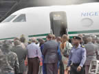 The Presidential jet conveying President Jonathan touches down and is opened as the people get ready to receive President Jonathan as he arrives Akwa Ibom State on a one-day official visit on Saturday 27th October to commission key infrastructure projects