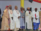 Akwa Ibom traditional fathers file out to welcome visiting Ghanaian President in a State Reception for His Excellency, Dr. John Dramani Mahama, at the State Banquet Hall on April 7, 2013.