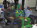 Sitting, waiting, watching, and calling. From left, Sir Emem Akpabio, Chief Sunny Ibanga, Barr. Emmanuel Enoidem in the passenger terminal building of Akwa Ibom International Airport while waiting to receive the state governor, His Excellency Chief Godswill Akpabio, on 28th April