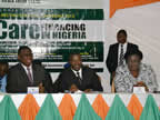 The Deputy Governor of Akwa Ibom State, Mr. Nsima Ekere (m), the State State Commissioner for Health, Dr. Bassey Antai (l), and the Head of the State Civil Service, Mrs. Cecilia Udoessien (r), during the 2012 Annual General Meeting/Scientific Conference of the Nigerian Medical Association (NMA) in Uyo on Wednesday