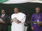 (L-R) Mr. Nsima Ekere, Akwa Ibom Deputy Governor, Chief Godswill Akpabio, Governor, and Pastor Ayo Oritsejafor, CAN National President, singing hymns during the opening ceremony of CAN National Exco Meeting in Uyo