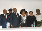 AKS Executive Governor, His Excellency, Chief (Dr.) Godswill Akpabio, CON, with AKS first female Deputy Governor, Her Honour, Lady Valerie Ebe (r), AKS First Lady Her Excellency Mrs. Unoma Akpabio (1st right), AKS Chief Judge, Justice Idongesit Ntem-Isua (2nd right), and Speaker of AKHA, Rt. Hon. Samuel Ikon (1st left)