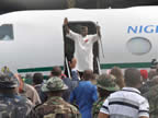 The President emerges from the Presidential jet with a wave of of hands to the people as he is received at Akwa aibom International Airport for a one-day official visit on Saturday 27th October to commission key infrastructure projects in Akwa Ibom State