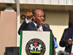 Akwa Ibom State governor, His Excellency Chief Godswill Akpabio, addresses a mamoth crowd of over 750,000 people that thronged the airport from an elevated rostrum in front of the passenger terminal building of Akwa Ibom International Airport on 28th Apri