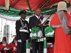 Chief Godswill Akpabio being sworn in as governor of Akwa Ibom State for a second term of office by the Chief Judge of the state, Justice Idongesit Ntemisua, at the Uyo Stadium on 29th May, 2011